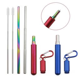 Reusable Telescopic Straw Colourful Metal Straw with Cleaning Brush Travel Portable Pearl Milkshake Bubble Tea Straws Set