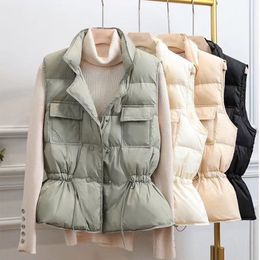 White Duck Down Drawstring Womens Vest Ultra Light Pocket Sleeveless Female Warm Vests Coat Autumn Winter Waistcoat 201103