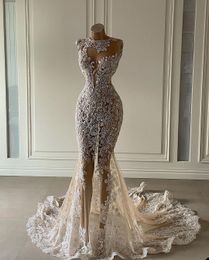 Elegant Mermaid Wedding Dresses Sequined Illusion Bridal Gown Custom Made Lace Appliques See Through Sleeveless Crystals Women Formal Robes De Mariée