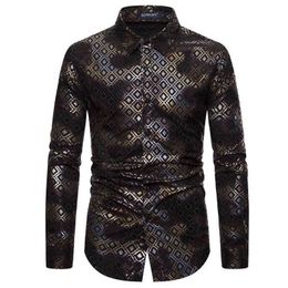 Black Geometric Plaid Bronzing Men Shirt Long Sleeve Streetwear Casual Mens Dress Shirts Hip Hop Shirt Camisa Social Masculina L220704