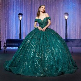 Hunter Beaded Ball Gown Quinceanera Dresses Off The Shoulder Neckline Lace Prom Gowns Sequined Sweep Train Sweet 15 Masquerade Dress