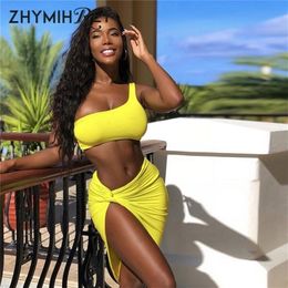 ZHYMIHRET One Shoulder Crop Tops Ruched Two Pieces Set Dress Women Neon Color Sexy Side Split Vestidos Summer Beach 220509