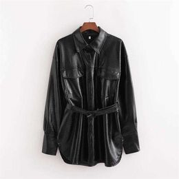 Fall Winter Women Long Jackets Faux Leather Belted Long Sleeves Woman Coat Overshirt Casual Fashion women clothes 210709