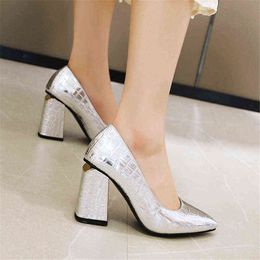 Fashion-Spring Fashion Metallic Pumps Pointed Toe Party Evening Pumps Women Shallow High Block Heels Shoes Woman golden silver black