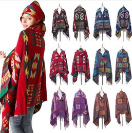 Women Hooded Blanket Poncho Knitting Vintage Pattern Tassel Cape Wraps Photo Travel Cloak with Tassel Horn Button