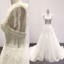 Newest V Neck Spaghetti Straps Wedding Dress Beach 2022 Crystal Lace Flower Beaded Boho Bridal Wedding Gowns Plus Size