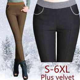 Women High Waist Pencil Pants Fleece thick warm Warm Trousers Female Velvet Trousers Big Sizes white black Stretch Leggings 210412