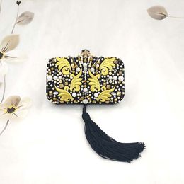 European and American style embroidered party evening bag handmade diamond black tassel clutch