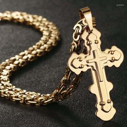 Chains Male Gold Colour Stainless Steel Byzantine Chain Cross Pendant Necklace Jewellery Collares De Moda For Strong Men OrthodoxChains Godl22
