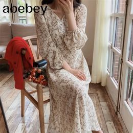 Vintage Vneck Buttons Laceup Female Chiffon Dress Full Sleeve Midi Dress Elegant Casual Floral Print Women Dress T200613