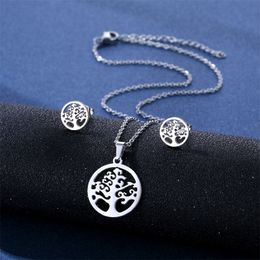 New Style Life Tree Pendant Necklace Stud Earrings Set Simple Stainless Steel Fashion Jewelry holiday Memorial Gift for Women