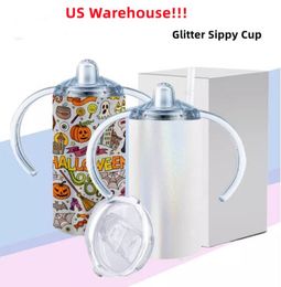 US Warehouse 12oz Sublimation Glitter sippy cup Glitter Straight Tumbler Sublimation baby cup kids tumbler Stainless Steel tumbler with handle Sucker Cup TWO LIDS