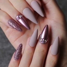 Stiletto Nude Fake nails Rose metal crystal false nails red glitter full set long go custom Salon Burgundy press on nails 220725