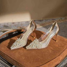 2022 New Arrival Sheepskin Women's Transparent High Heel Shoes With Stiletto Pointed Toe Rhinestone Pearl Pupms Shoes G220519