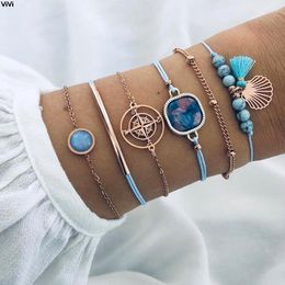 Link Chain 6PCS/set Simple And Personalised Retro Compass Turquoise Diamond Scallop Chains Fashion Bracelets Jewellery Accessorie Fawn22