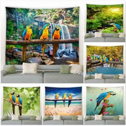 Tapestry Parrot Pattern Carpet Wall Hanging Colorful Bird Ocean Beach Sea Palm