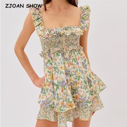 Sexy Floral Print Back Waist Hollow Out Backless Ruffle Strap Mini Dress Sleeveless Short Tank Dresses Holiday Woman Robe 220511