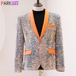 Luxury Shiny Colorful Embellished Blazer Jacket Men Shawl Collar One Button Orange Singer Costumes Mens Party Club Prom Blazers 220815