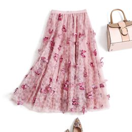 Vintage Long Tulle Midi Skirt Women Embroidery High Waist Mesh Pleated Skrit Korean Sweet Pink Gray Tutu Skirts Female 220611