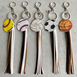 Retro Sports Balls Leather Keychain Pendant Baseball Basketball Football Tassel Keychain Luggage Decoration Key Chain Gift Keyring