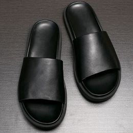 Summer Slippers Thick heel Fashion Full Grain Leather Mens Casual Slides Male Sandals Shoes