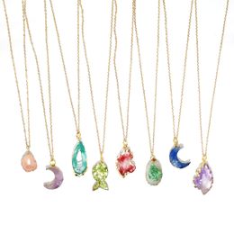 Luxury Natural Crystal Drusy Pendant Necklaces Healing Gemstone Necklace Original Crescent Irregularity Oval Raw Stone Style Gold Necklace Jewelry