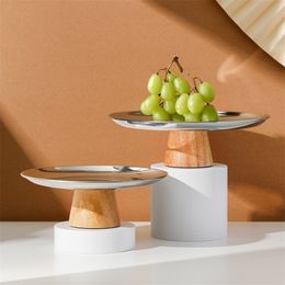 Custom Nordic Metal Fruit Plate Snacks Bowl Nut Dish Creative Round Wooden High Foot Serving Desktop Storage Tray 220621