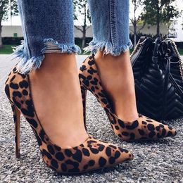 KAMUCC High Heels Shoes Women Pumps Flock Leopard Print Sexy Stilettos 10 12cm Party Heeled Designer Shoes Plus Big Size 210306