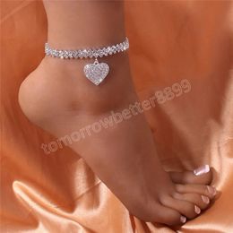 Shiny Rhinestone Ankle Chains Love Heart Pendant Silver Plated Anklets for Women Luxury Bracelet on Leg Beach Jewelry