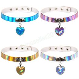 Rainbow Laser Love Heart Pendant PU Choker Necklace Collar Sub Slave Necklaces for Women Statement Jewellery