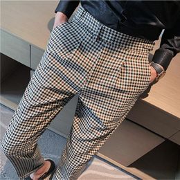 Men's Suits & Blazers Neapolitan High Waist Business Dress Pants Mens Fashion Houndstooth Plaid Suit Korean Slim Fit Office Social TrousersM