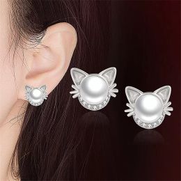 Silver Earings Jewelry Cat Stud Earrings for Women Girls Small Pearl Earring
