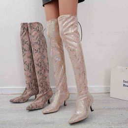 HBP Thigh-High Women Boots Leather Women's Boots Large Pointed Knee High Heels Fashion Slim Legs Elastic Woman Shoes 220726