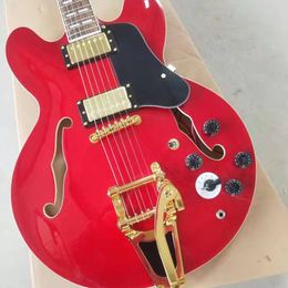 High quality jazz electric guitar, red Colour musical instrument, with gold hardware, good quality and recording of