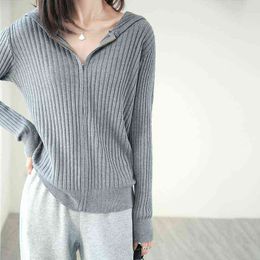 Wool Knit Hoodie Korean Ladies Spring And Autumn Zipper Cardigan Long Sleeve Fashion Versatile Slim Fit Pit Pattern Top Sweater L220706