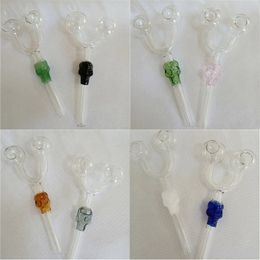 DHL Glass Oil Burner Pipe with Colorful Skull Head Double Ball Tobacco Dry Herb Burning Tubes Handle Nail Pipe