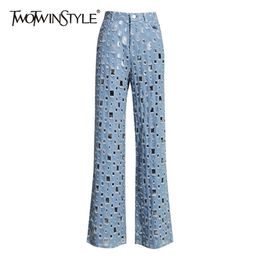 TWOTYLE Hollow Out Wide Leg Pants For Women High Waist Ripped Hole Autumn Denim Trousers Female Fashion Clothing LJ200811