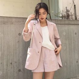 Women's Tracksuits Shorts Suit Female Spring And Summer Cotton Linen Professional Small Jacket Striped Two-pieceWomen's