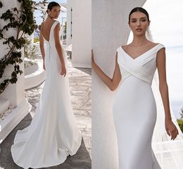 Sexy Soft Satin Wedding Dresses White V-neck Backless Bride Dress Sweep Train Floor Length Mermaid Simple Vestidos De Noiva