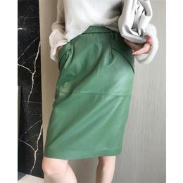 Leather skirt women with pockets midi skirts womens genuine black and green sheepskin leather pencil skirt high waist 210311