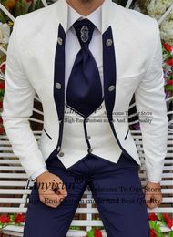 Men's Suits & Blazers White Mandarin Lapel Mens Slim Fit 3 Pieces Jacket Vest Pants Set Groom Tuxedos Business Male Prom Blazer Terno Mascul