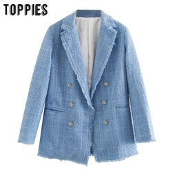 Toppies 2020 blue twill tweed jacket vintage lattice women suit jackets ladies asymmetrical double breasted coat LJ200824