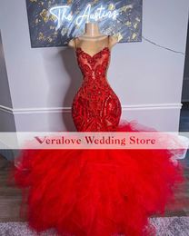 Sexy Red Evening Dress Mermaid Ruffles Skirt for Women 2k22 Sequins Graduation Birthday Party Prom Dresses Custom