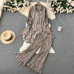 Women's Two Piece Pants European And American Style 2022 Summer Vintage Printing Temperament Shirt Pleated Wide-leg Two-piece SetWomen's