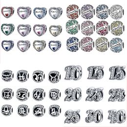 925 Silver Fit Pandora Charm 925 Bracelet Birthstone Number Series Charm Bead Fit charms set Pendant DIY Fine Beads Jewelry