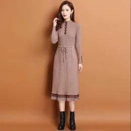 Casual Dresses Lace Hem Buttons Women Autumn Winter Sweater Knitted A-line Belt Slim Elastic Long Sleeve Lady Bottom Midi Clothes 2022