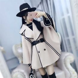 Autumn And Winter Women Coats Women's Beige Black-Edged Bat Cloak Cape Woollen Coat 201214