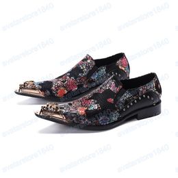 Handmade Floral Men Dress Shoes With Gold Metal Toe Party Banquet Male Loafers Genuine leather Fashion Brogue Shoes