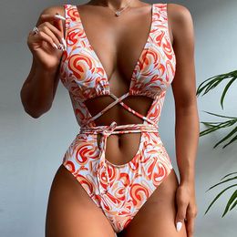 Women's Swimwear High Cut Print Swimsuit Women Summer 2022 Bandage Push Up One Piece Monokini Brazilian Bikini Bathing Suit BeachwearWomen's