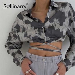 Sollinary Fashion tie dye lapel long sleeve blouse women Vinatge chic tops girls Elegant belt short shirt 210709